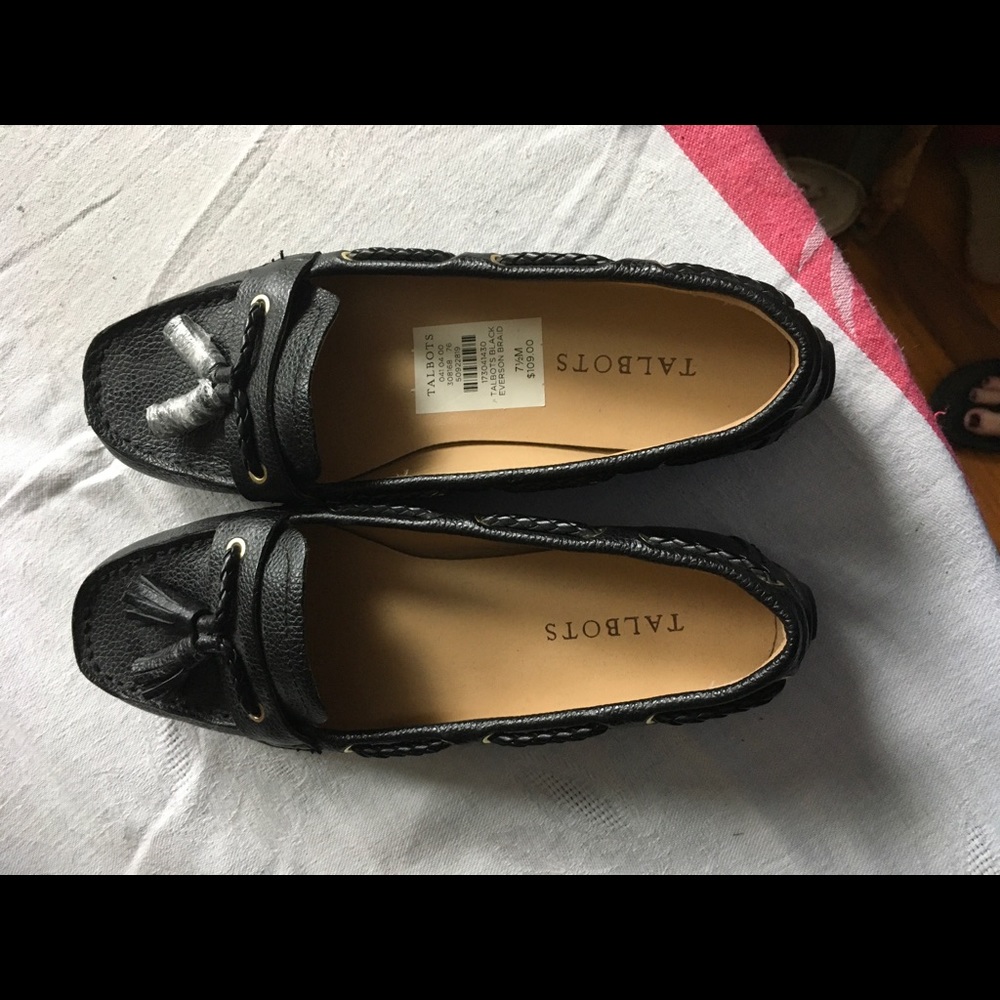 New Talbots black leather tassel loafers.